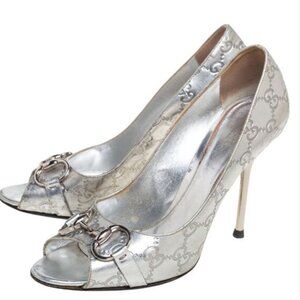 Gucci Silver 7.5, Vintage,  Peep Toe Heels, leather embossed GG logo